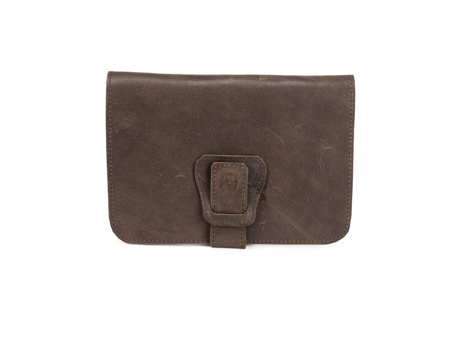 Brown leather wallet with a buckle on a white background