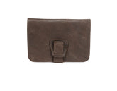 Brown leather wallet with a buckle on a white background