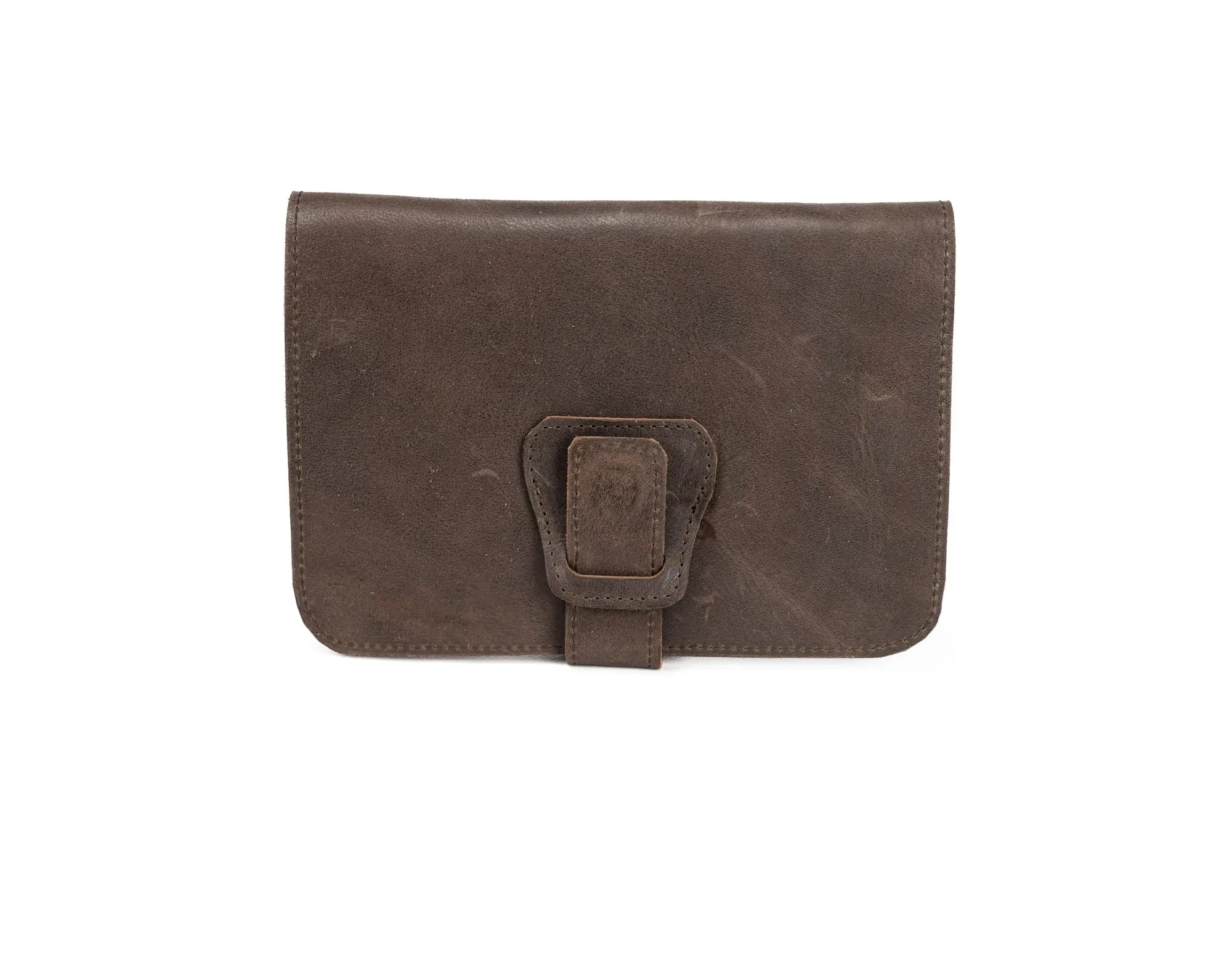 Brown leather wallet with a buckle on a white background