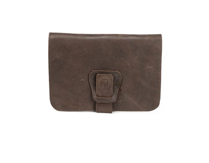 Brown leather wallet with a buckle on a white background