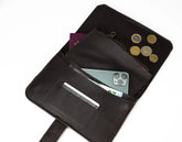 Brown leather wallet  wallet with phone, coins, and cards on a white background