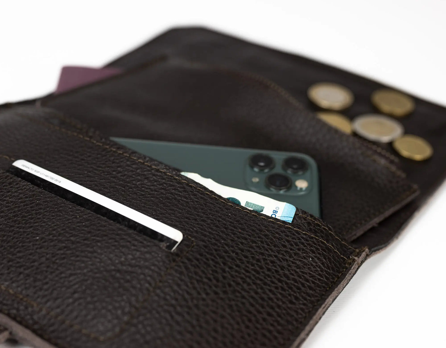 Brown leather wallet  wallet with phone, card, and coins on a white background