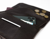 Brown leather wallet  wallet with phone, card, and coins on a white background