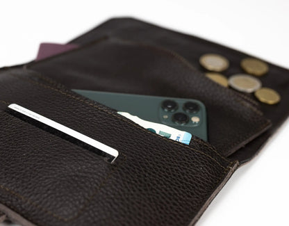 Brown leather wallet  wallet with phone, card, and coins on a white background