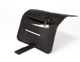 Brown leather wallet  with a strap on a white background