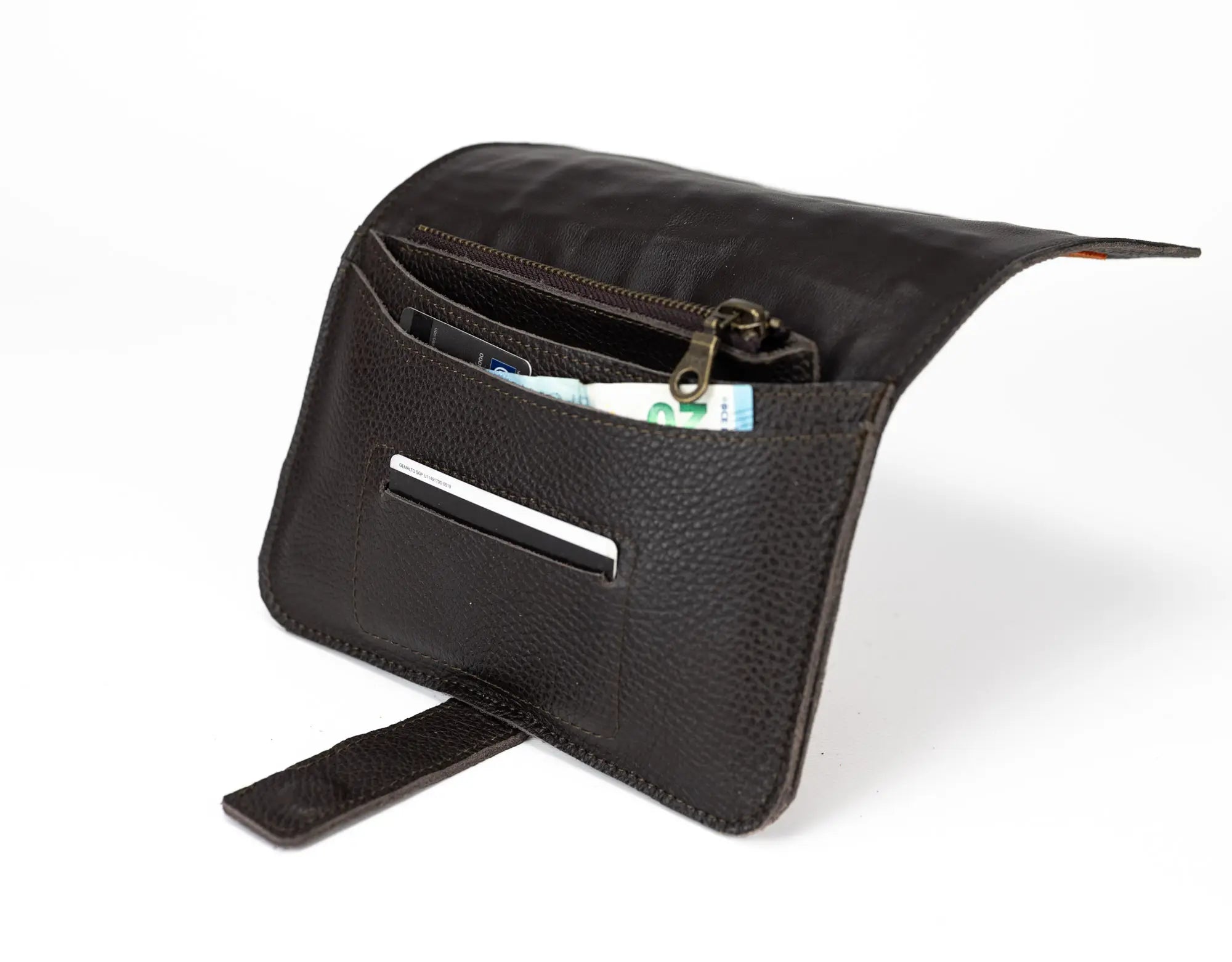 Brown leather wallet  with a strap on a white background