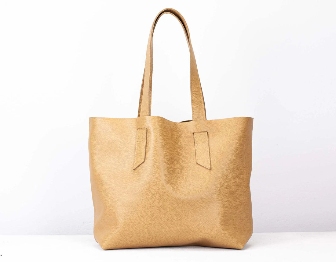 caramel leather unlined tote bag