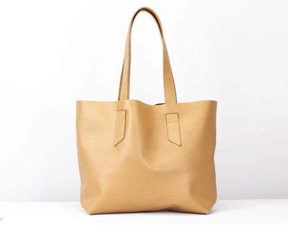 caramel leather unlined tote bag