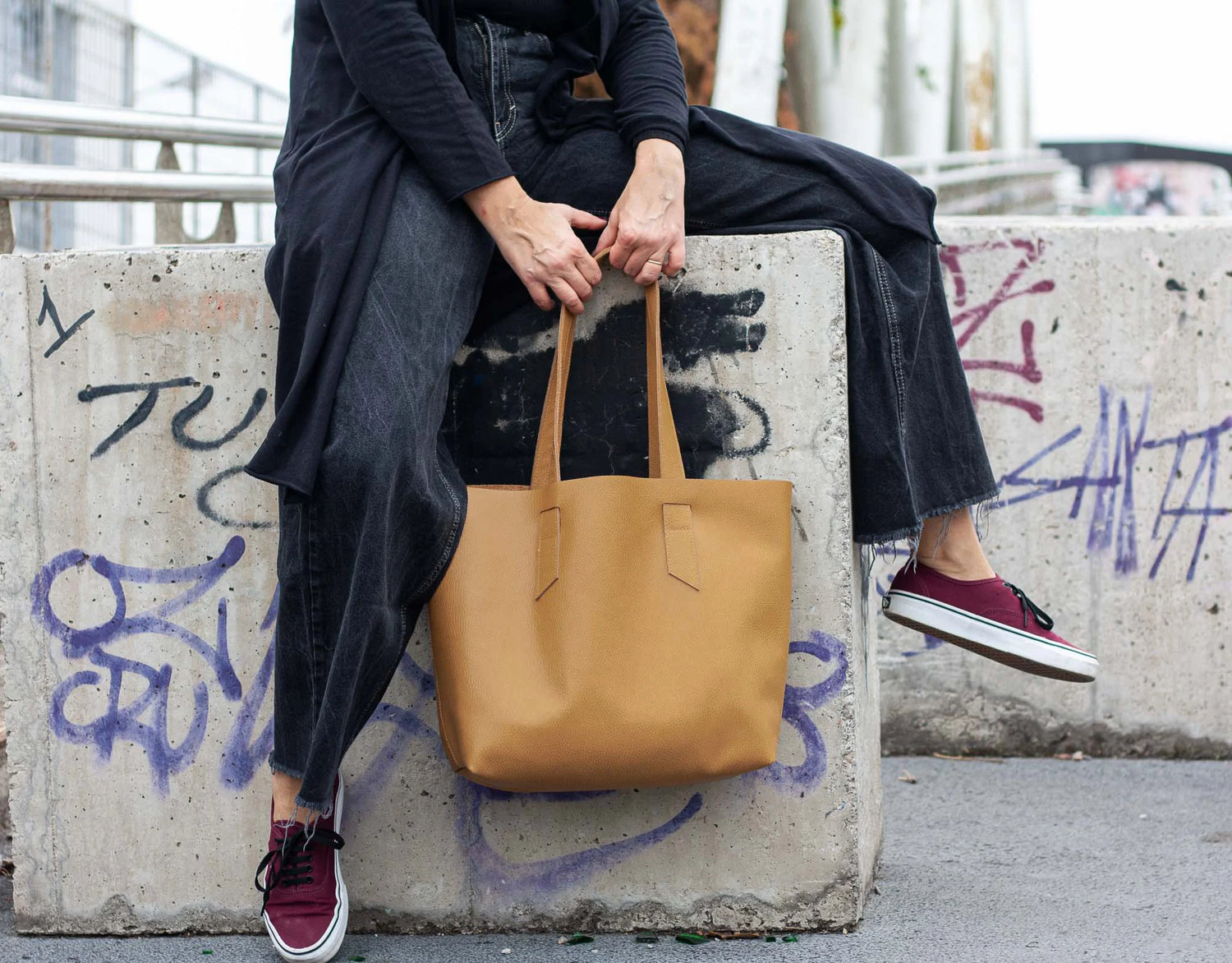 caramel leather unlined tote bag by milloo