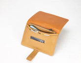 Yellow leather wallet with a zipper on a white background