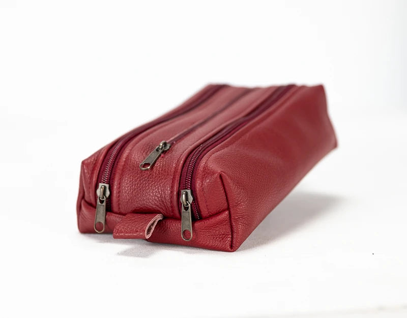 Red leather pencil case with multiple zippers#color_deep-red