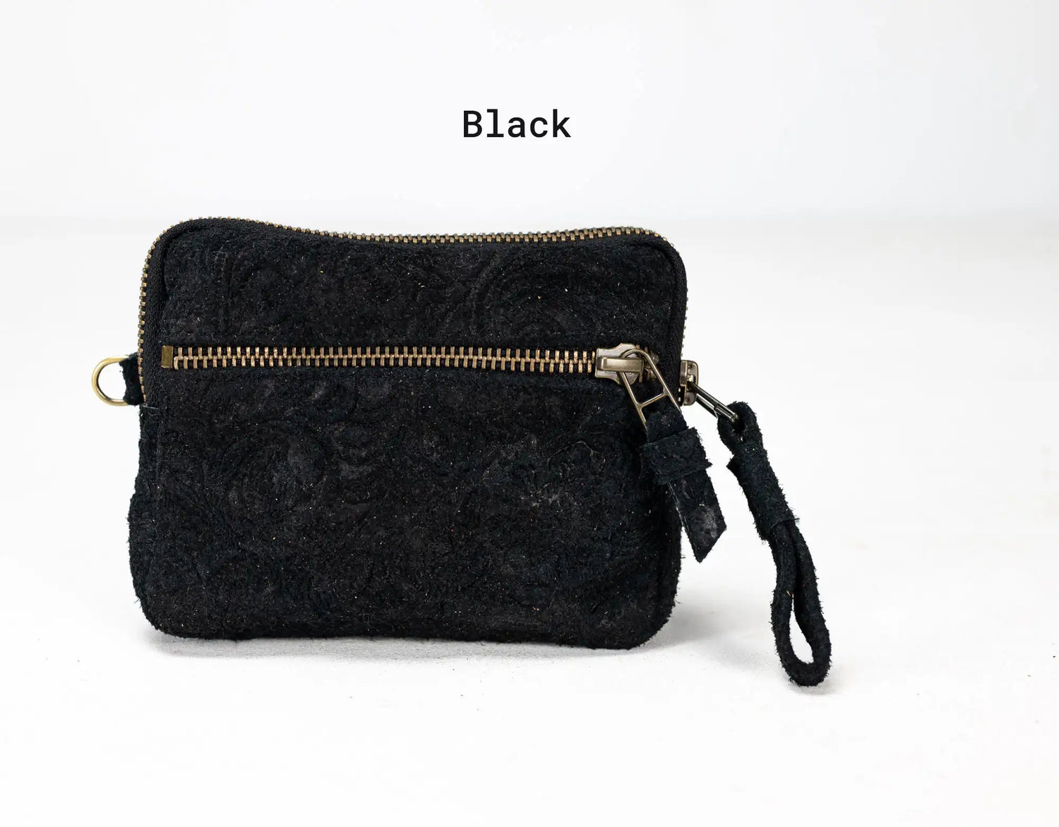 Black textured pouch with a zipper on a white background