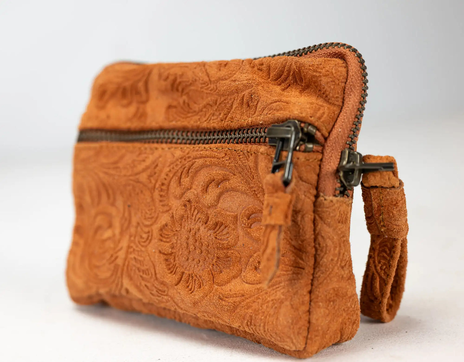 Brown textured handbag with a zipper on a white background