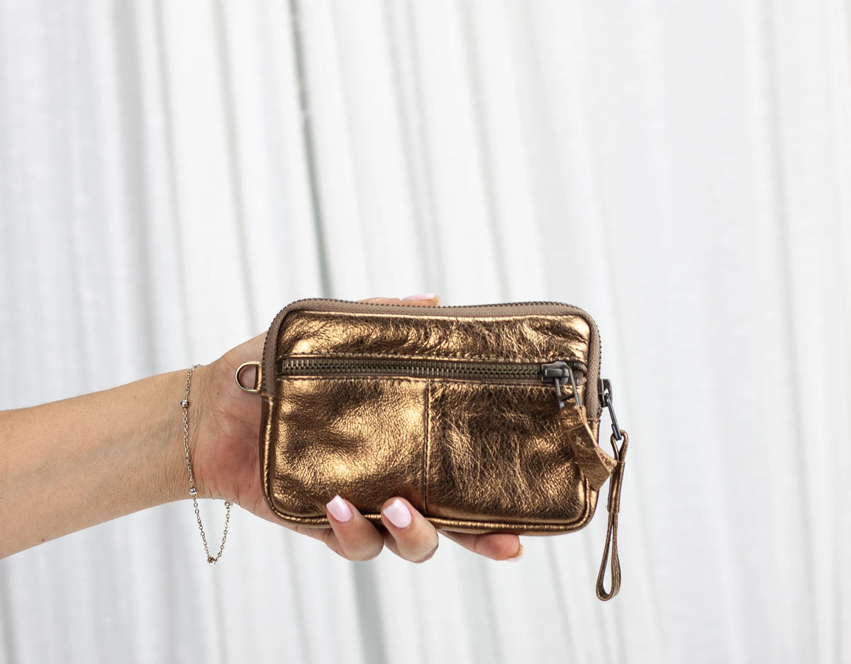 Antheia mini wallet - Coated leather in gold, silver or brass