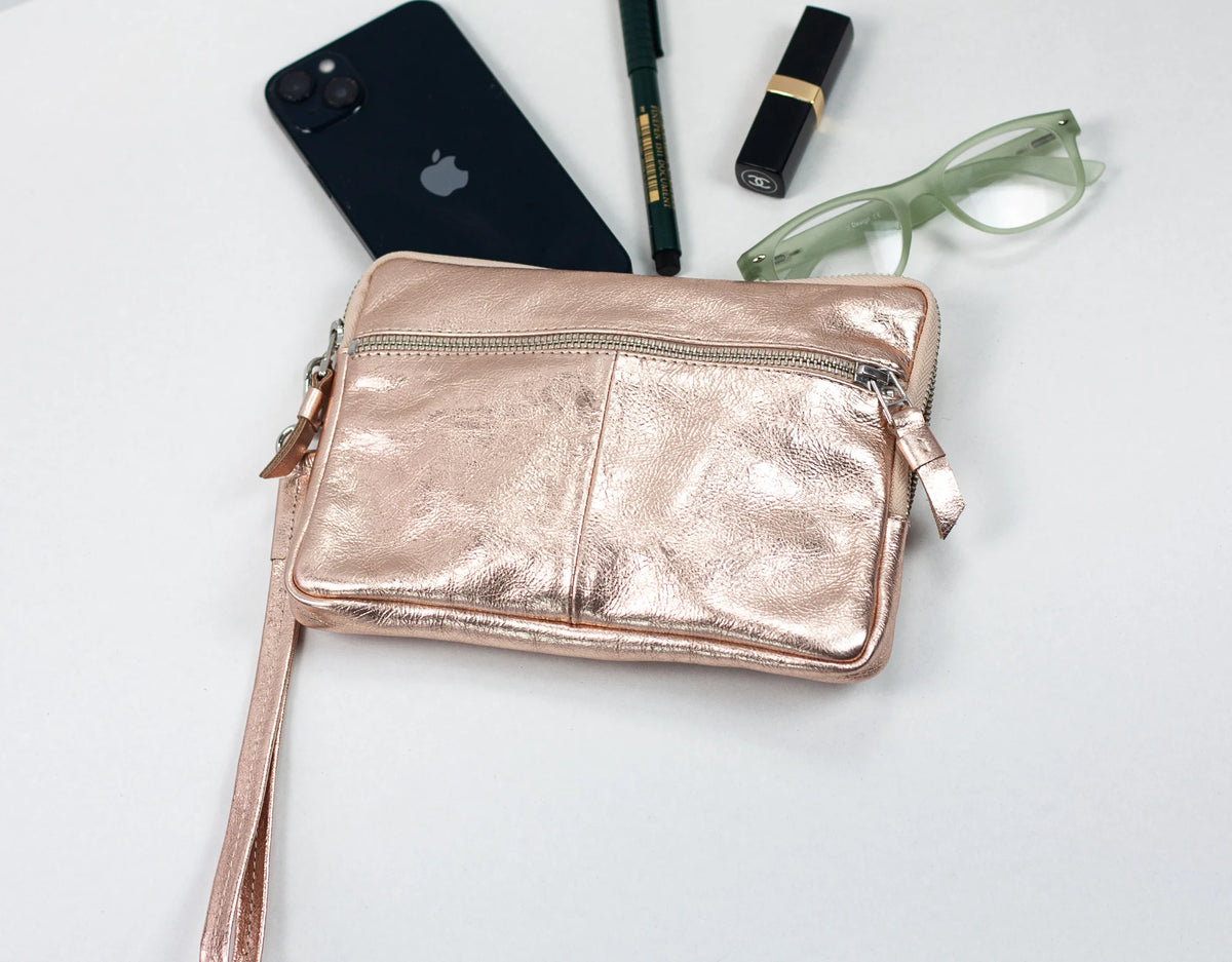 Antheia clutch wallet - Coated leather in Rose gold, Yellow gold, Silver or Brass