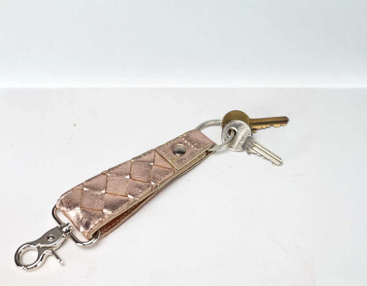 Leather handwoven keyring with clip - Gold Coated Leather