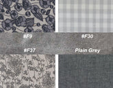 Fabric swatches with floral and checkered patterns alongside plain gray fabric, labeled with color codes.