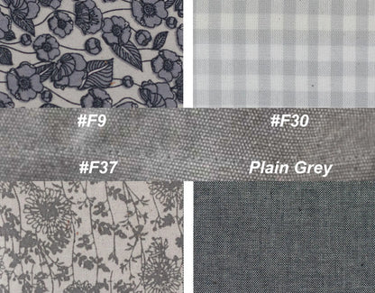Fabric swatches with floral and checkered patterns alongside plain gray fabric, labeled with color codes.