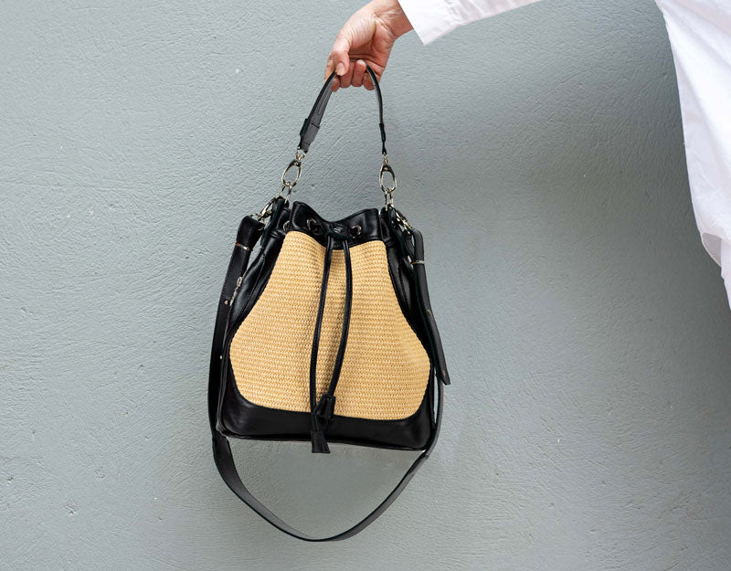 Danae bag - Black leather and rattan