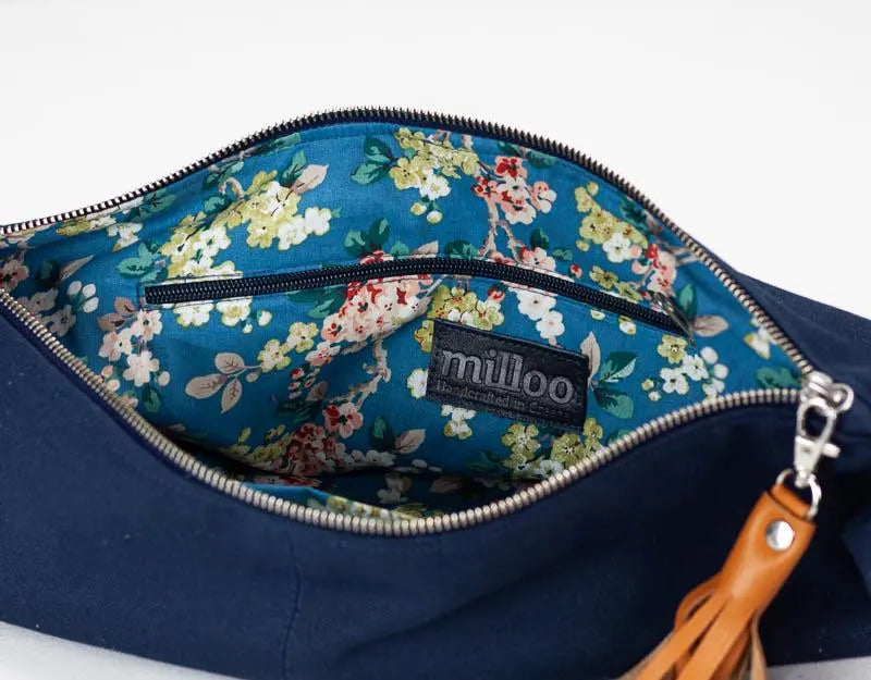 Χιαστί τσάντα Kallia - Μπλε καμβάς και καφέ δέρμα