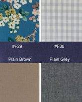 Fabric swatches with floral pattern, plain brown, plain grey, and checkered patterns.