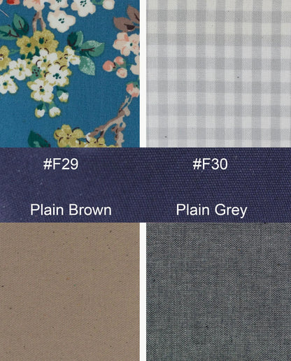 Fabric swatches with floral pattern, plain brown, plain grey, and checkered patterns.