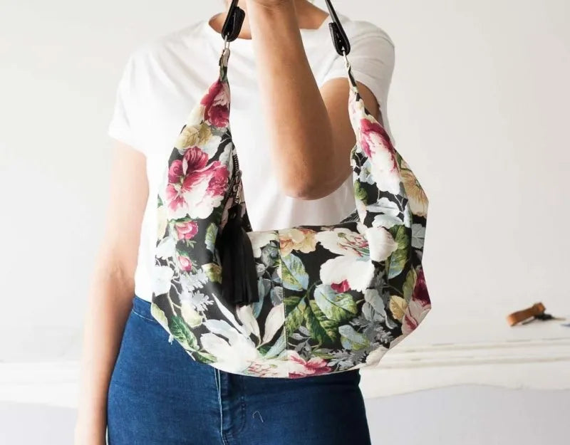 Kallia mini bag - Floral canvas and black leather - milloobags