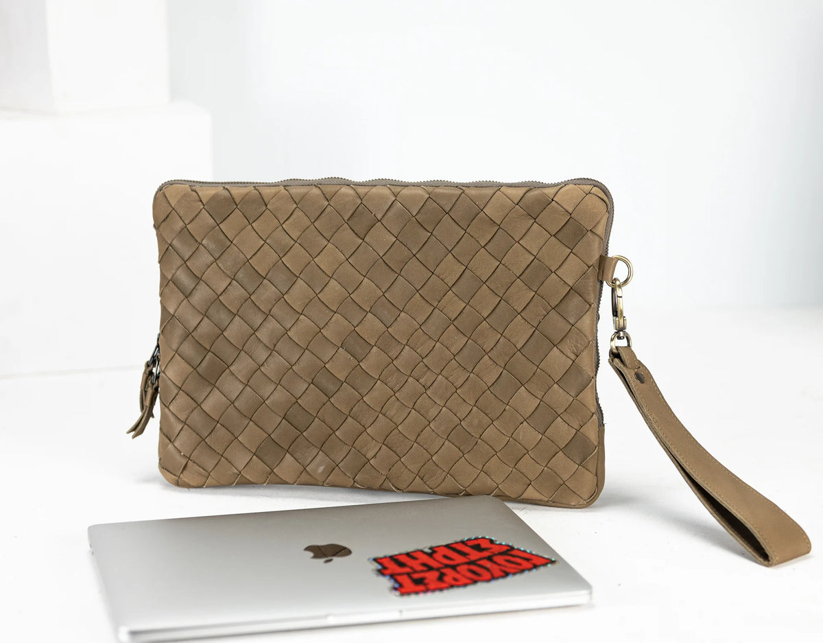 Athena Laptop Clutch - Khaki Brown leather