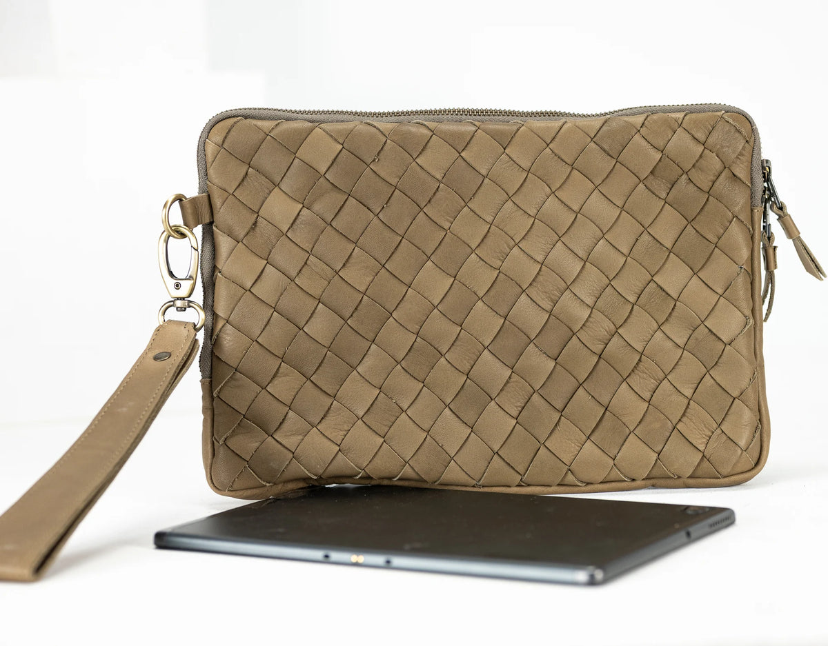 Athena Tablet Clutch - Khaki Brown leather