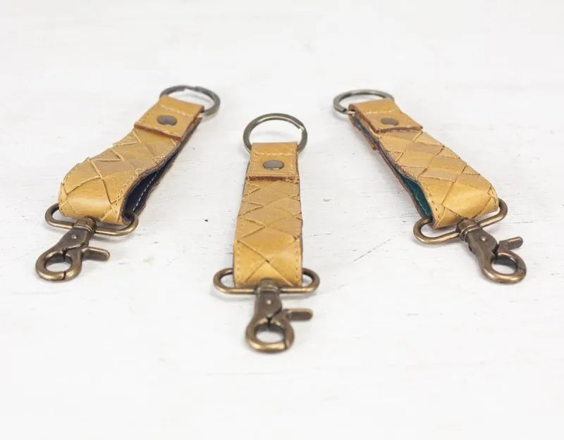 Leather handwoven keyring with clip - Mustard Yellow - milloobags