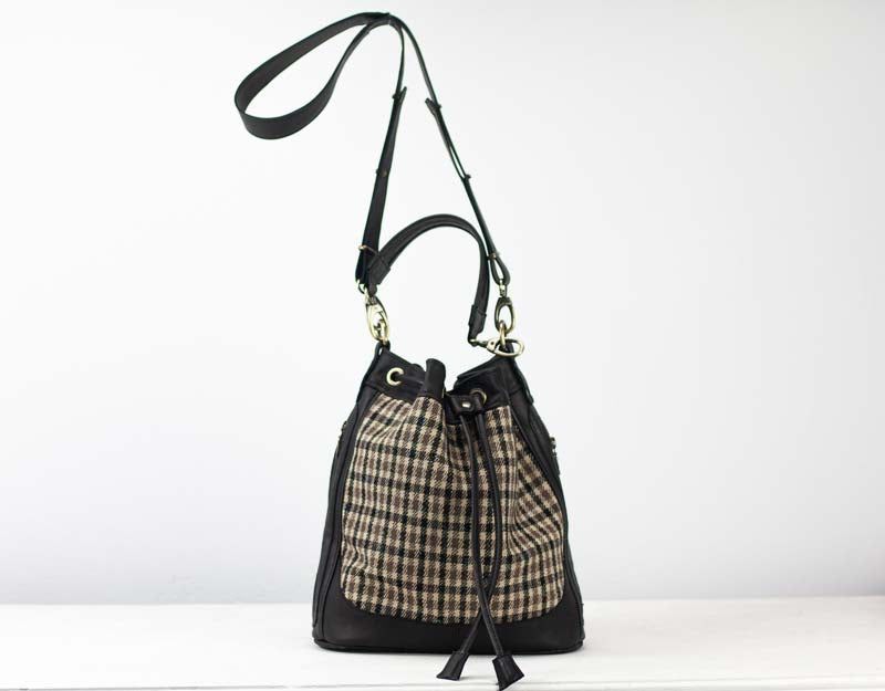 Danae bag - Black leather and plaid wool
