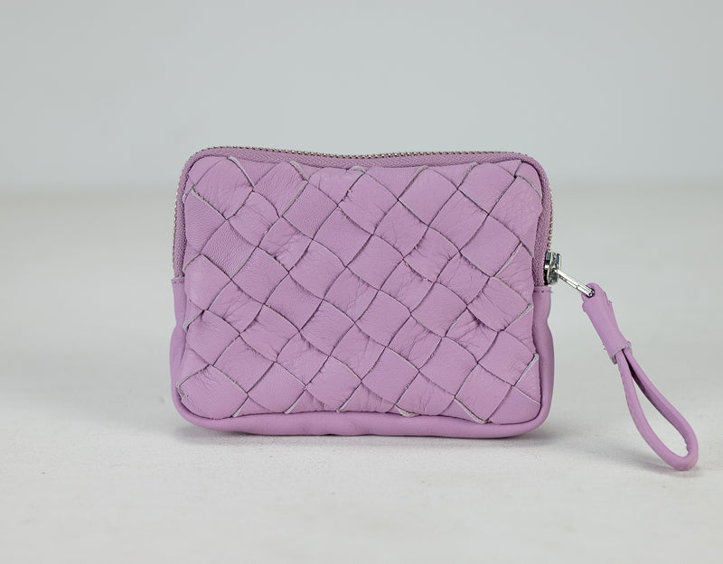 Purple woven pouch with a strap on a light gray background