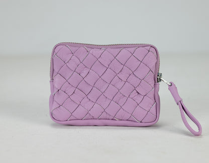 Purple woven pouch with a strap on a light gray background