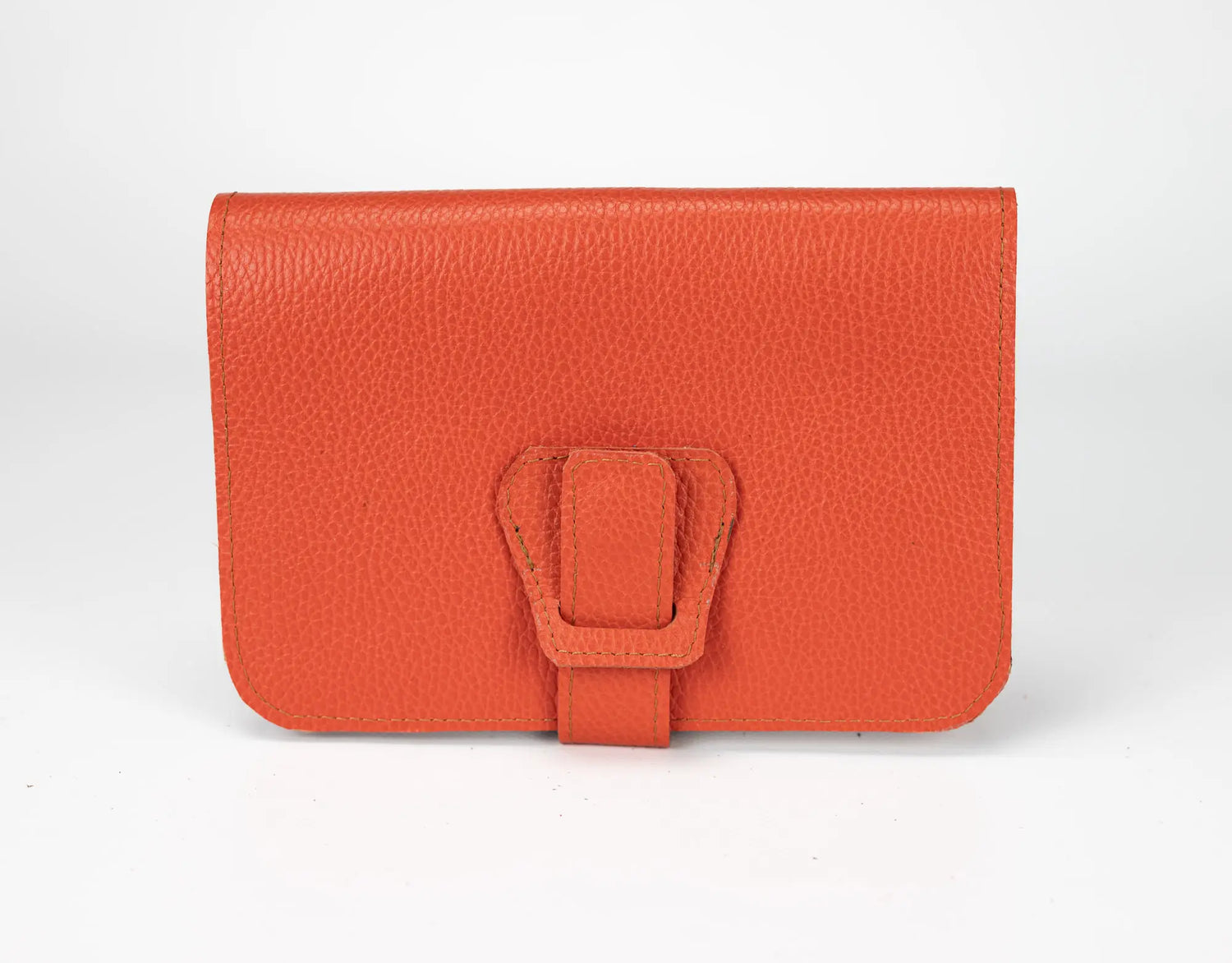 Orange leather wallet with a buckle on a white background