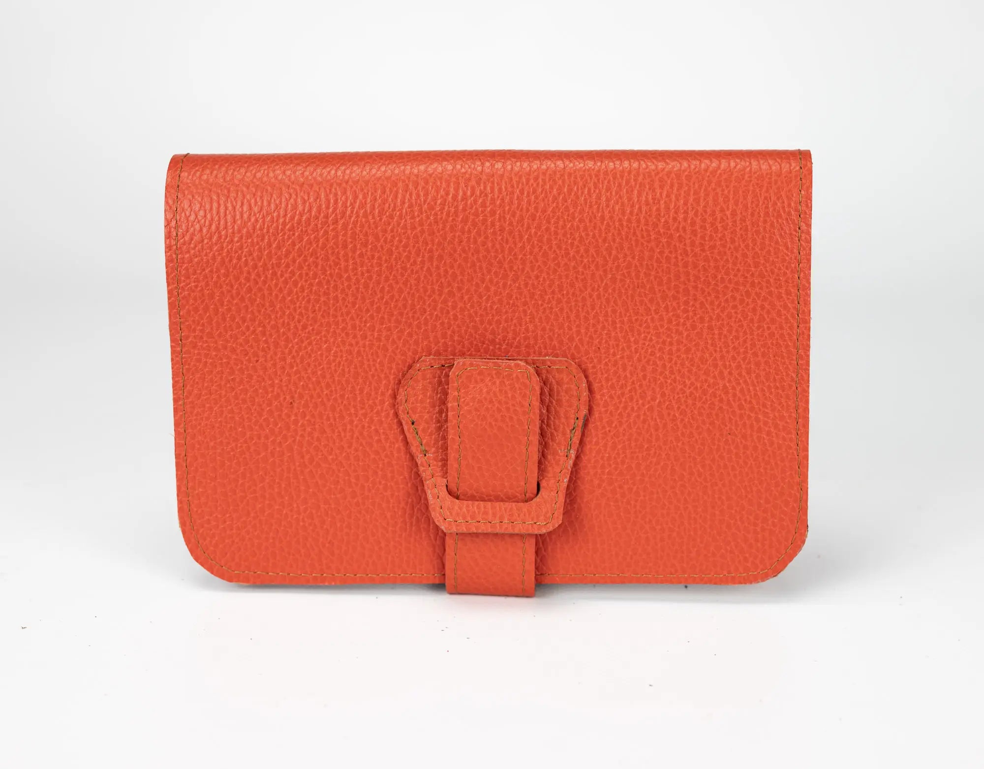 Orange leather wallet with a buckle on a white background