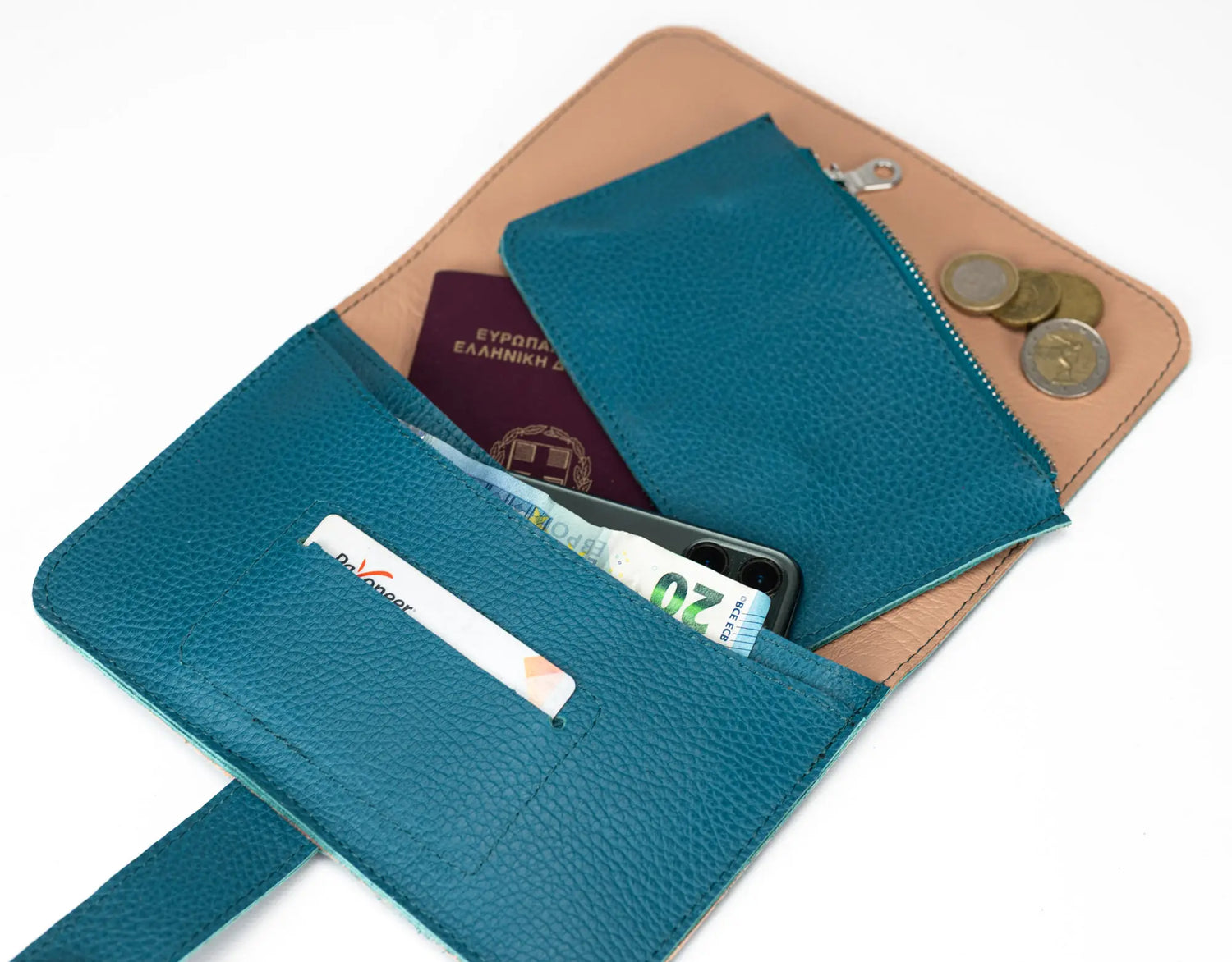 Teal wallet with coins, cards, and a passport on a white background