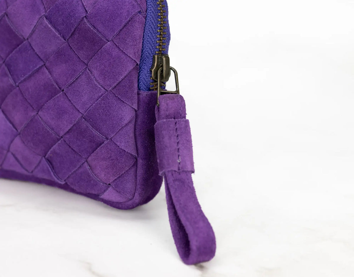 Antheia mini wallet - Handwoven Purple suede