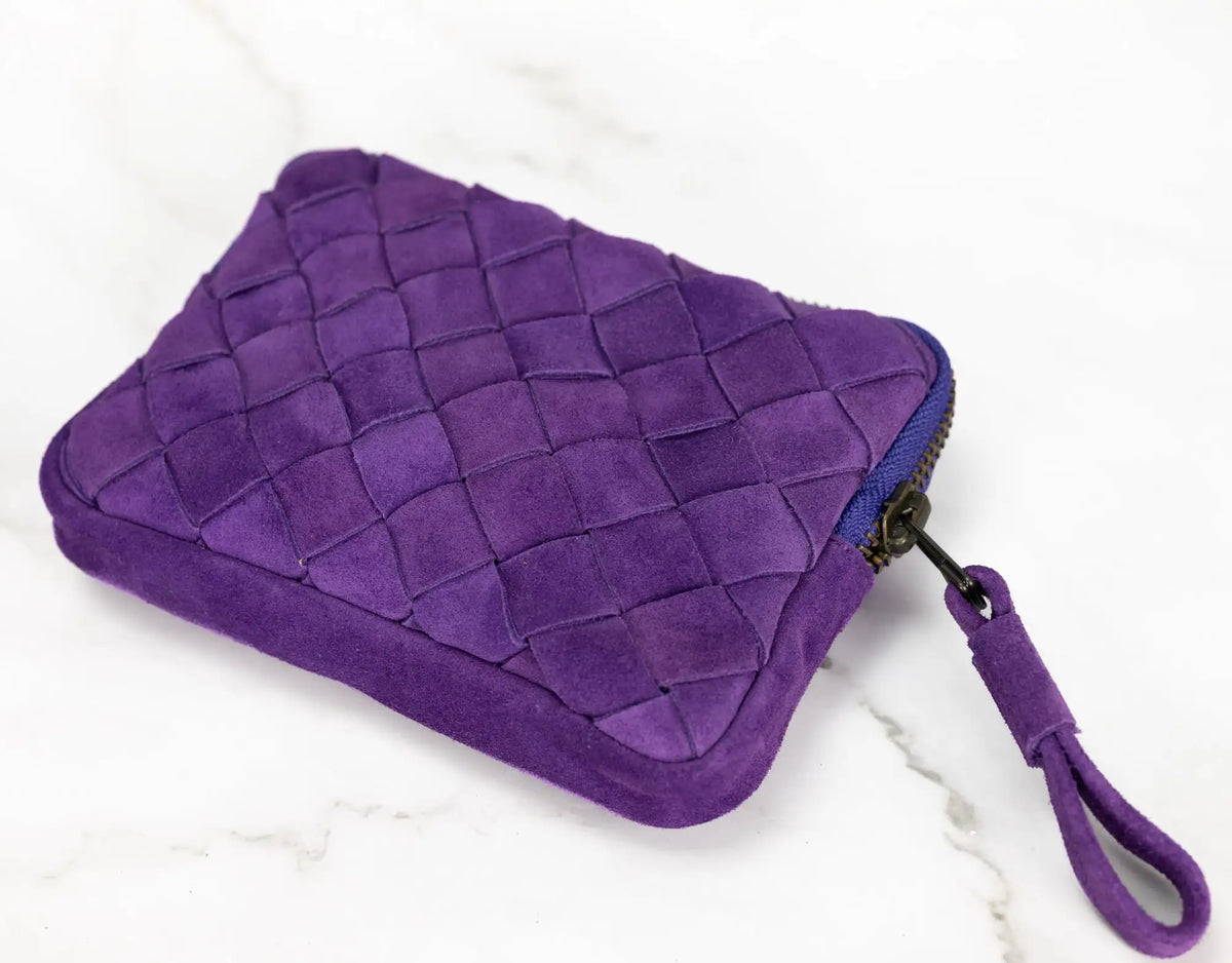 Antheia mini wallet - Handwoven Purple suede