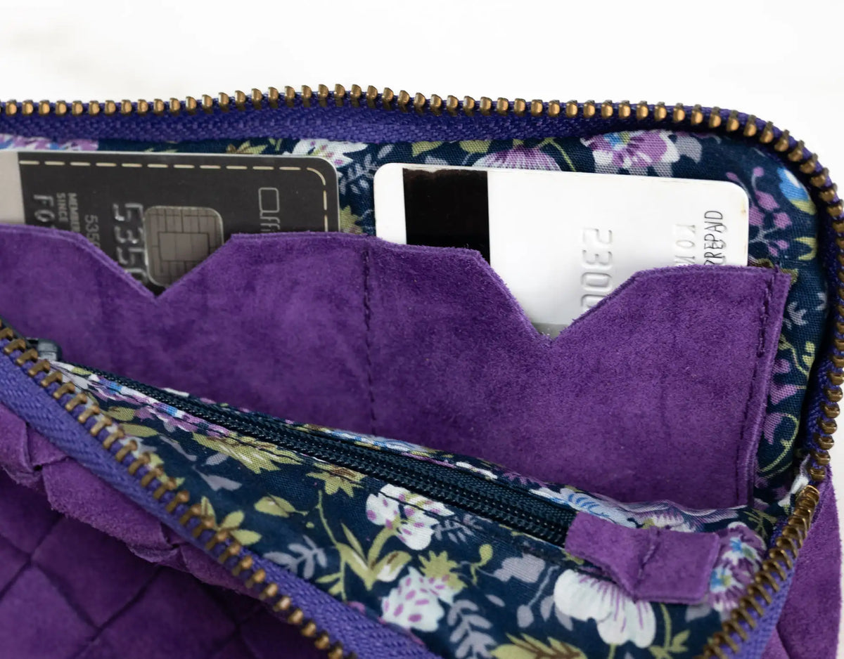 Antheia mini wallet - Handwoven Purple suede