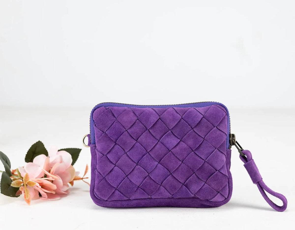 Antheia mini wallet - Handwoven Purple suede