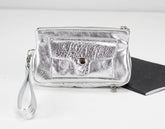 Silver clutch bag with a textured surface on a white background