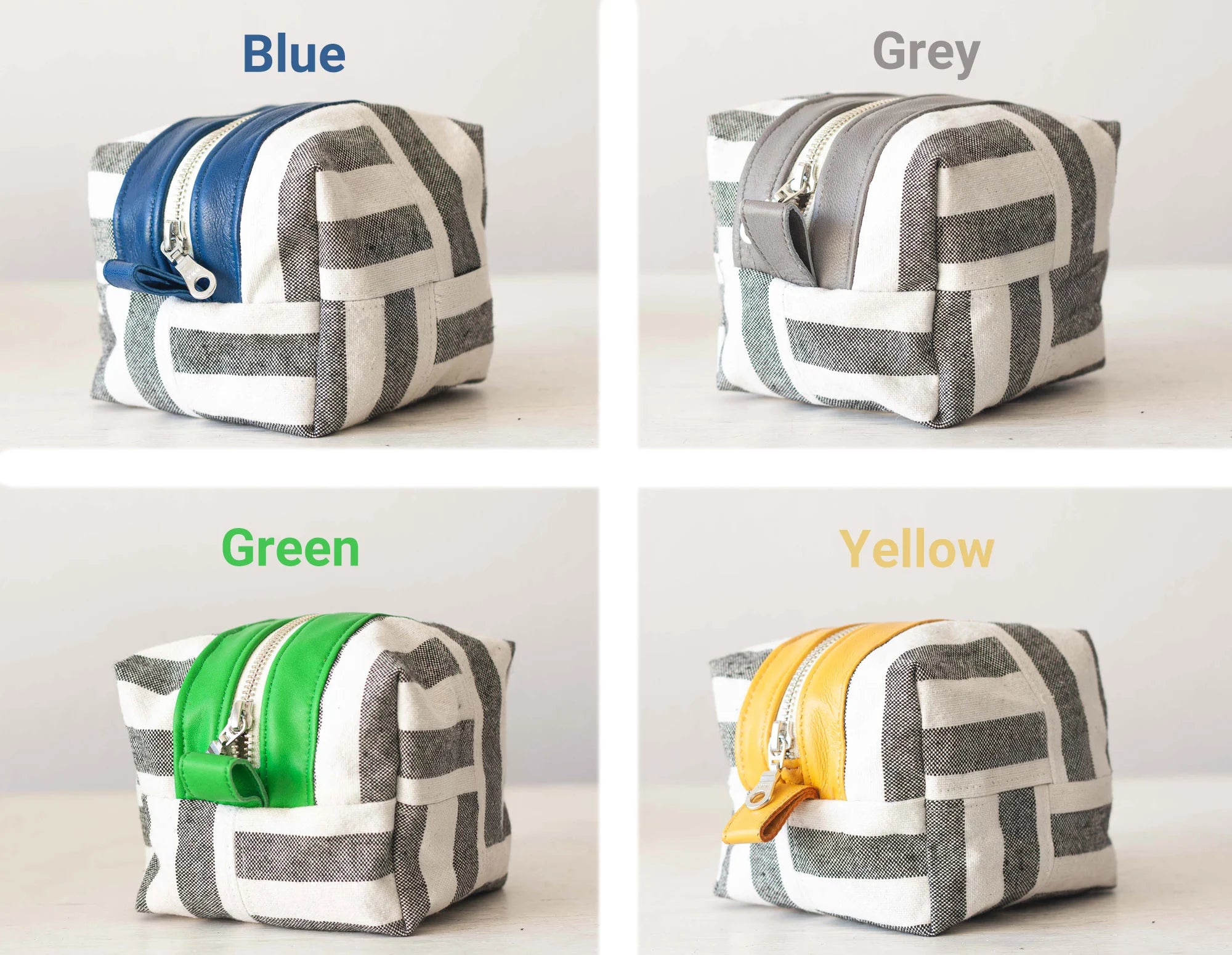 Four square pouches with geometric patterns in blue, green, yellow, and gray on a white background.