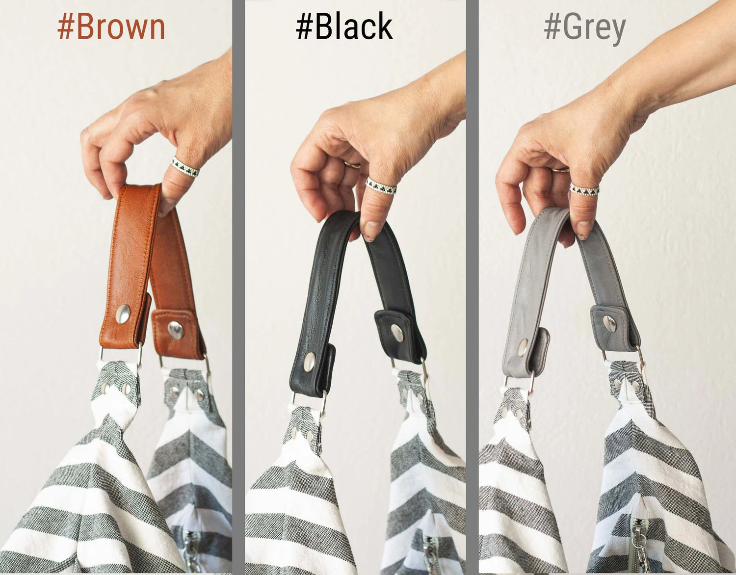 Three different color options for a bag handle: brown, black, and gray.