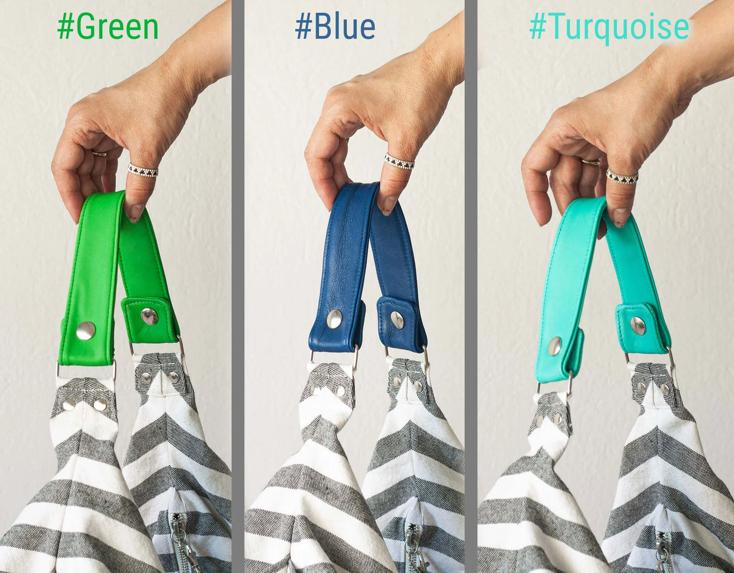 Three views of a gray and white striped bag with green, blue, and turquoise handles.