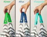 Three views of a gray and white striped bag with green, blue, and turquoise handles.
