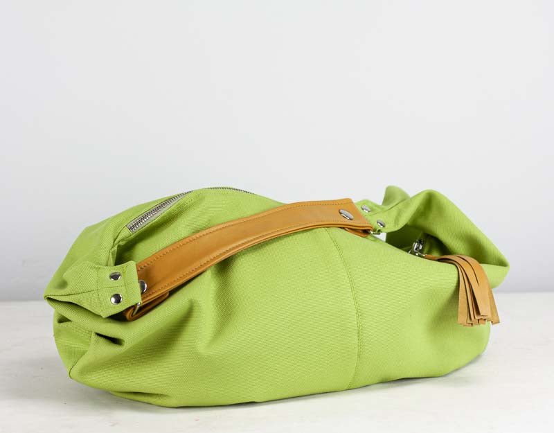 Kallia mini bag - Lime green canvas and brown leather - milloobags