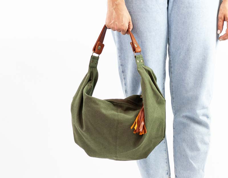 Kallia mini bag - Green canvas and brown leather - milloobags