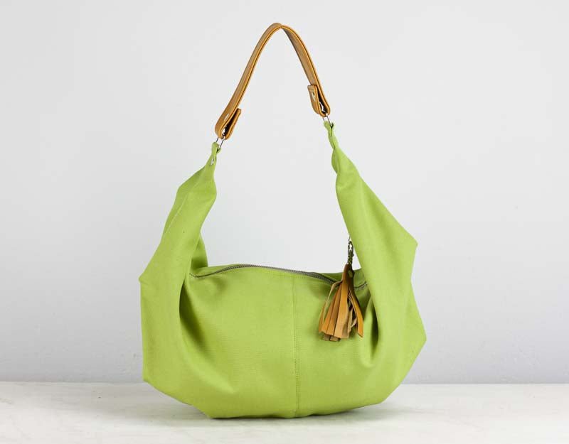 Kallia mini bag - Lime green canvas and brown leather - milloobags